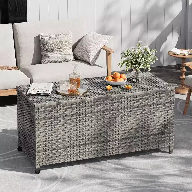Cassapanca Contenitore da Esterno in Rattan Marrone/Grigio con Ruote – 125 o 185 Galloni, Spostabile da 1 Persona