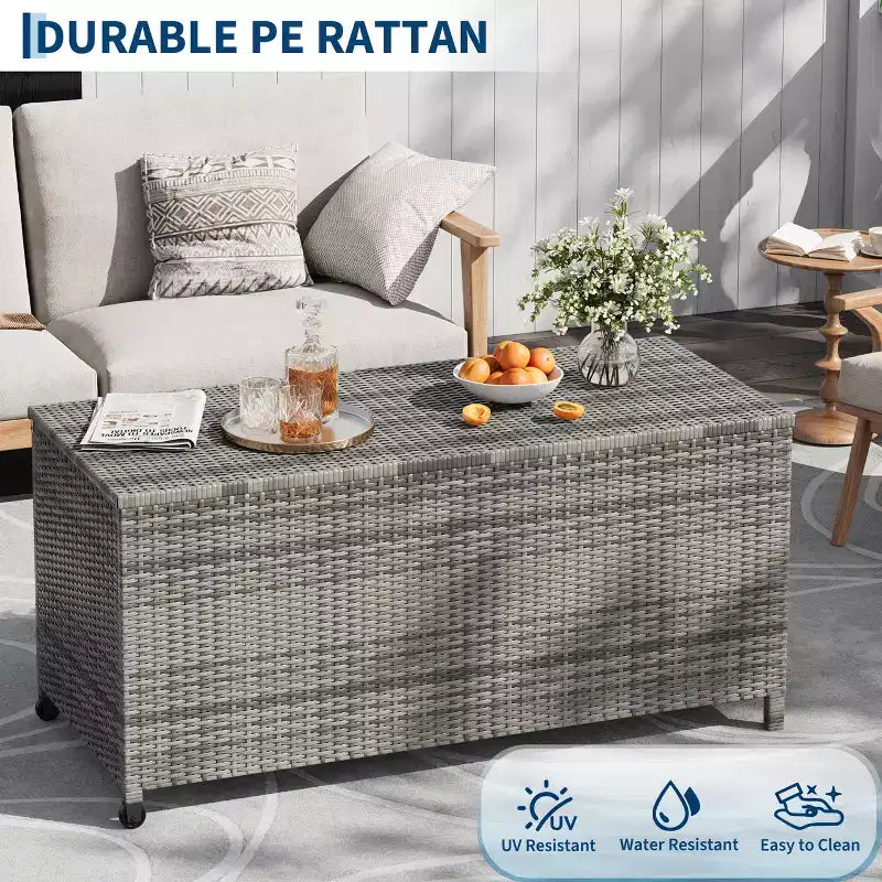 Cassapanca Contenitore da Esterno in Rattan Marrone/Grigio con Ruote – 125 o 185 Galloni, Spostabile da 1 Persona