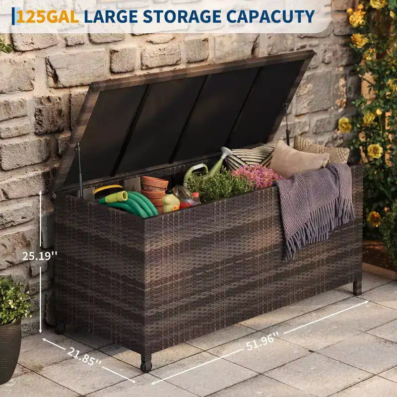Cassapanca Contenitore da Esterno in Rattan Marrone/Grigio con Ruote – 125 o 185 Galloni, Spostabile da 1 Persona