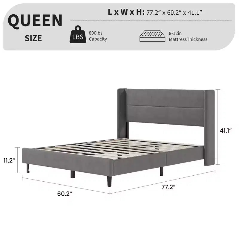 Letto con testiera ad ali imbottita in velluto nero/bianco/grigio – Matrimoniale / Queen / King, 1–2 persone