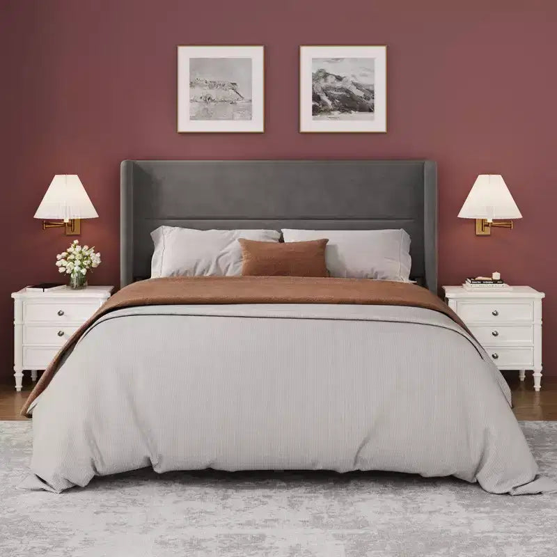 Letto con testiera ad ali imbottita in velluto nero/bianco/grigio – Matrimoniale / Queen / King, 1–2 persone
