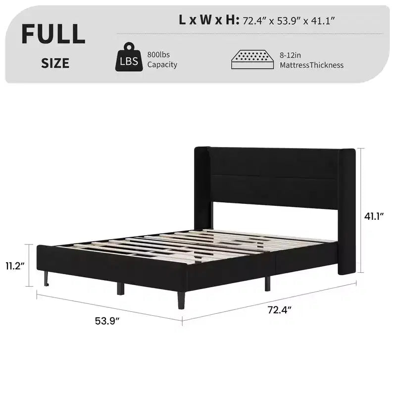 Letto con testiera ad ali imbottita in velluto nero/bianco/grigio – Matrimoniale / Queen / King, 1–2 persone