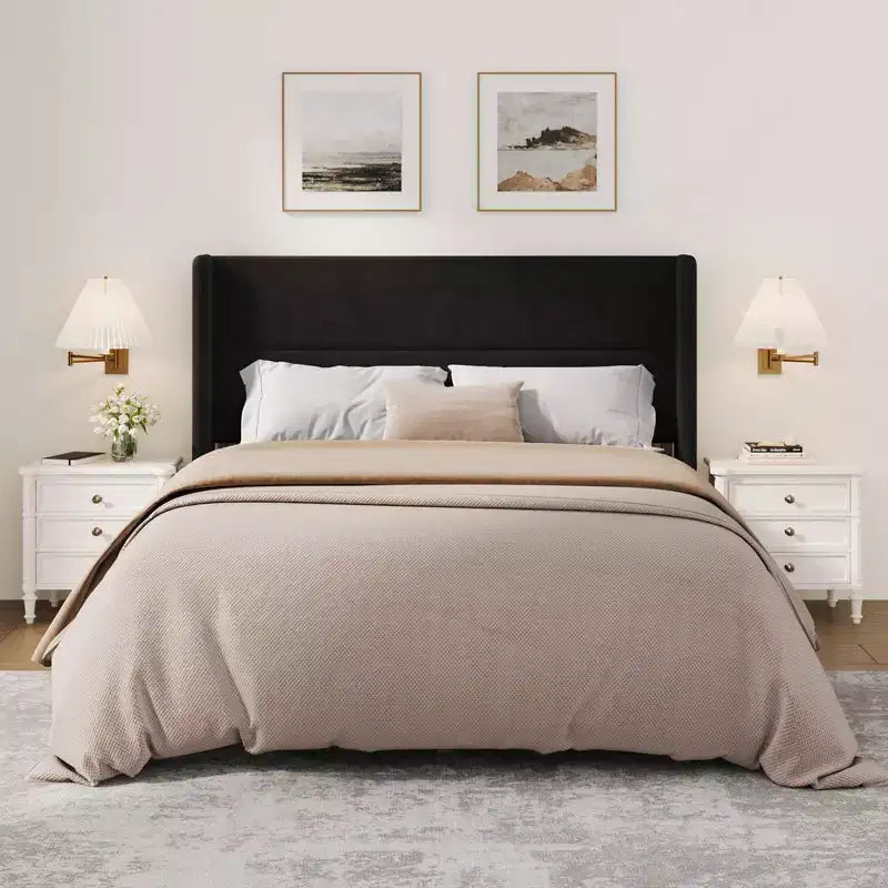 Letto con testiera ad ali imbottita in velluto nero/bianco/grigio – Matrimoniale / Queen / King, 1–2 persone