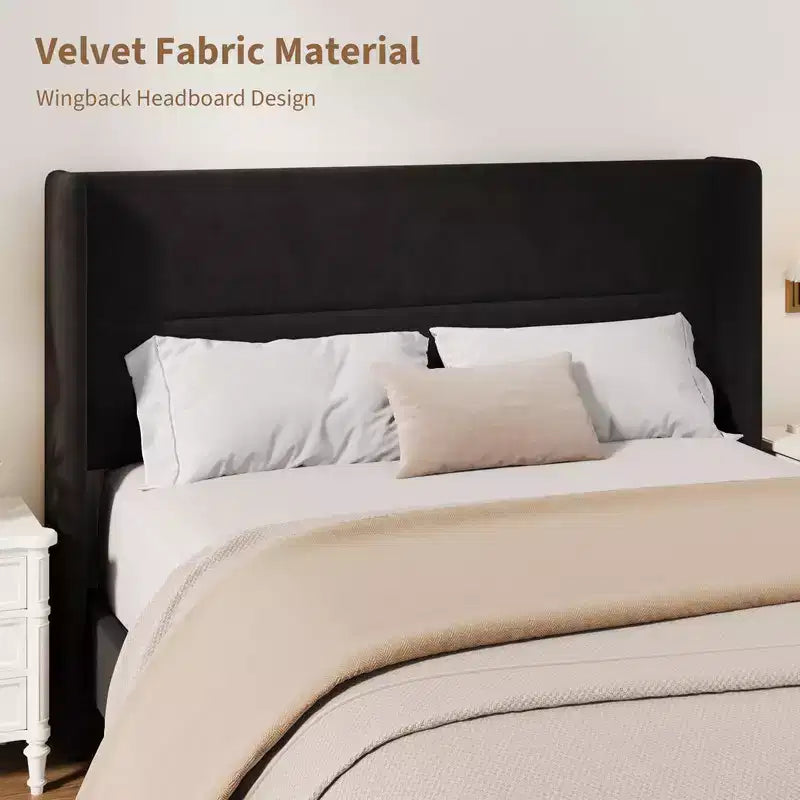 Letto con testiera ad ali imbottita in velluto nero/bianco/grigio – Matrimoniale / Queen / King, 1–2 persone