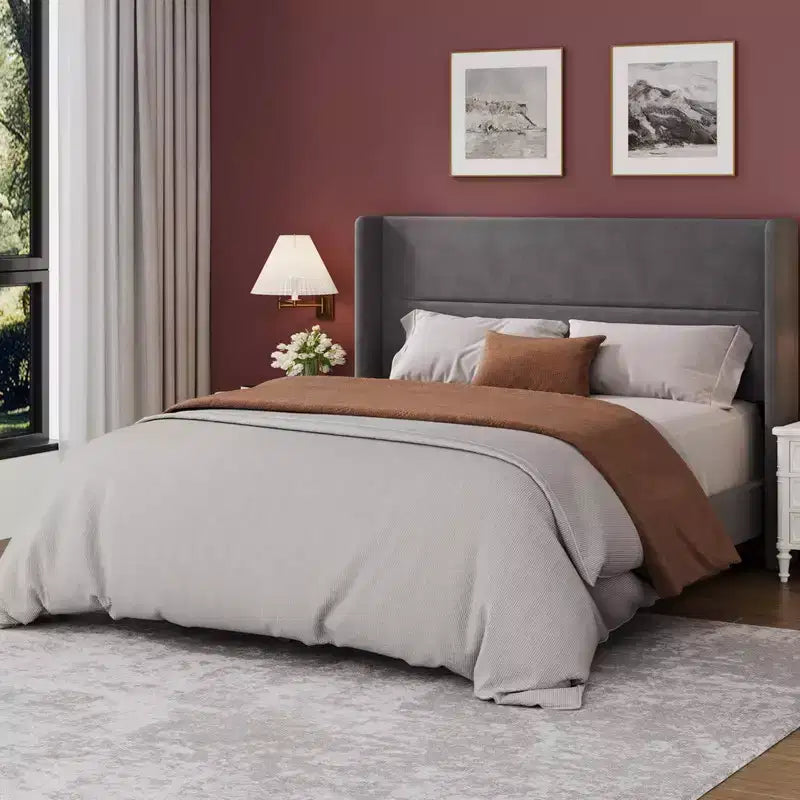 Letto con testiera ad ali imbottita in velluto nero/bianco/grigio – Matrimoniale / Queen / King, 1–2 persone
