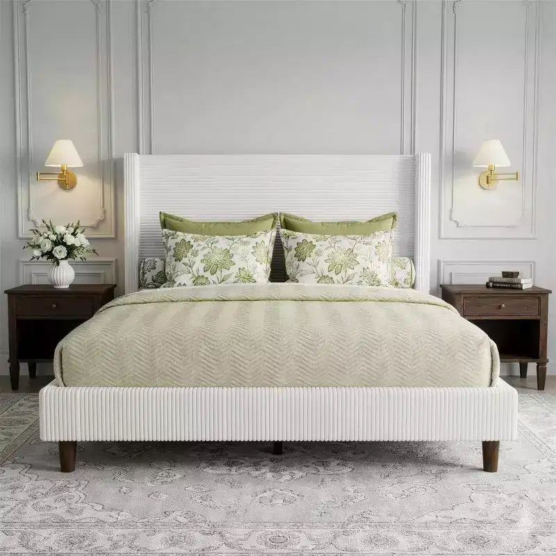 Letto a piattaforma Wingback in velluto a coste Beige / Verde / Grigio – Queen, Adatto per 1–2