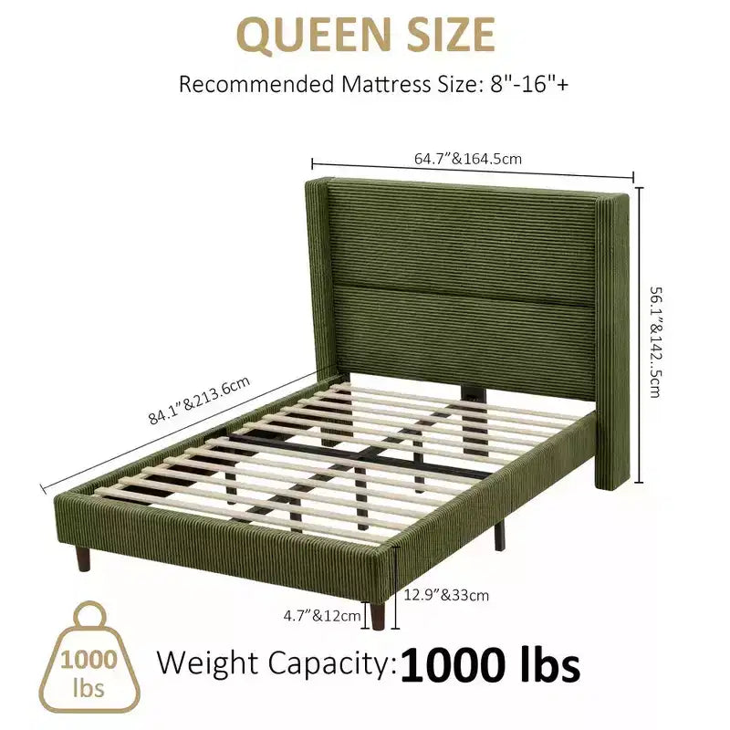 Letto a piattaforma Wingback in velluto a coste Beige / Verde / Grigio – Queen, Adatto per 1–2