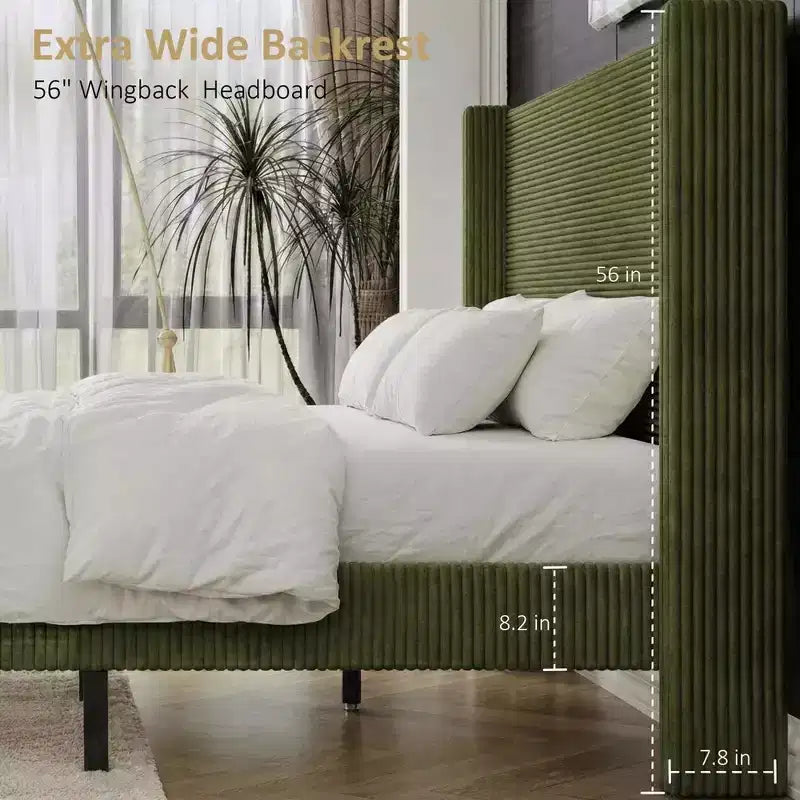 Letto a piattaforma Wingback in velluto a coste Beige / Verde / Grigio – Queen, Adatto per 1–2