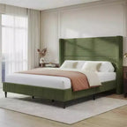 Letto a piattaforma Wingback in velluto a coste Beige / Verde / Grigio – Queen, Adatto per 1–2