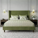 Letto a piattaforma Wingback in velluto a coste Beige / Verde / Grigio – Queen, Adatto per 1–2
