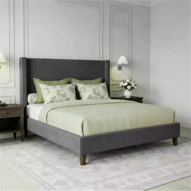 Letto a piattaforma Wingback in velluto a coste Beige / Verde / Grigio – Queen, Adatto per 1–2
