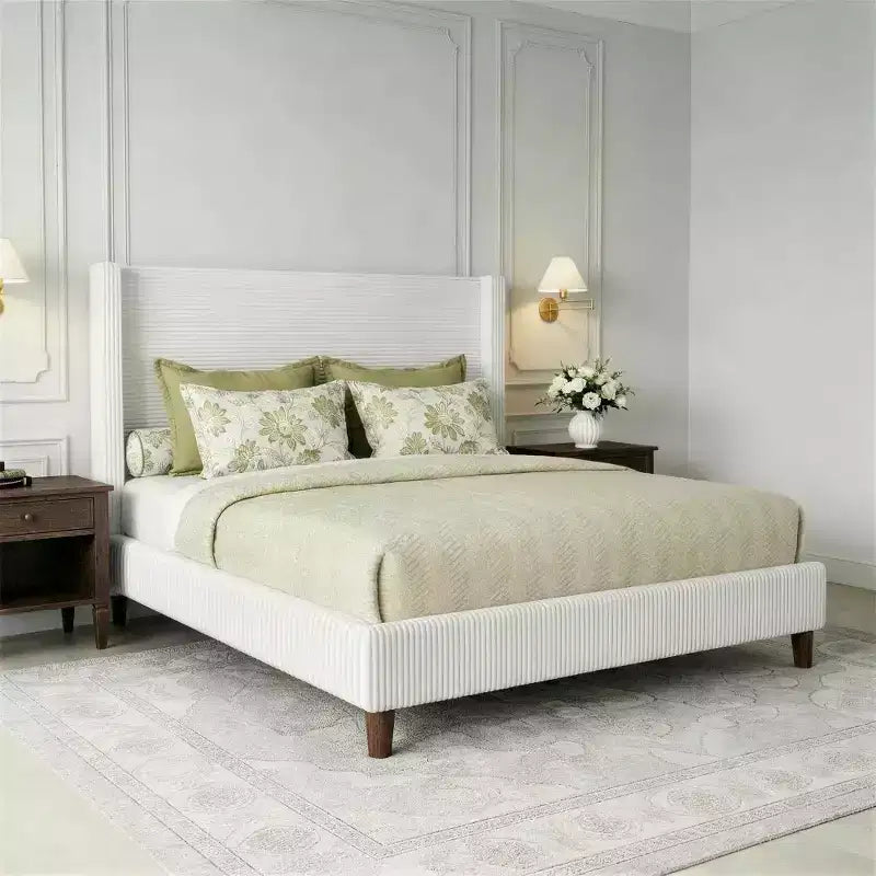 Letto a piattaforma Wingback in velluto a coste Beige / Verde / Grigio – Queen, Adatto per 1–2