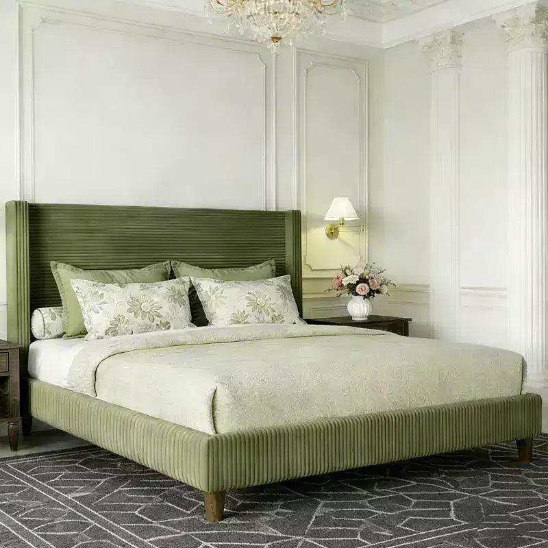 Letto a piattaforma Wingback in velluto a coste Beige / Verde / Grigio – Queen, Adatto per 1–2