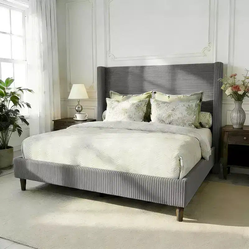 Letto a piattaforma Wingback in velluto a coste Beige / Verde / Grigio – Queen, Adatto per 1–2