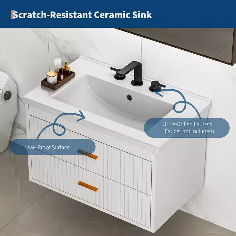 Mobile lavabo da bagno a parete bianco/nero con lavello – 2 cassetti, uso singolo, 24" / 30"