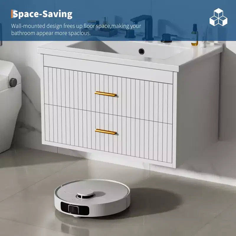 Mobile lavabo da bagno a parete bianco/nero con lavello – 2 cassetti, uso singolo, 24" / 30"