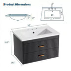 Mobile lavabo da bagno a parete bianco/nero con lavello – 2 cassetti, uso singolo, 24" / 30"