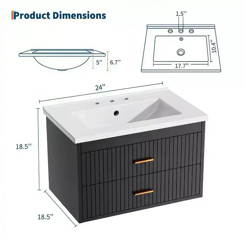 Mobile lavabo da bagno a parete bianco/nero con lavello – 2 cassetti, uso singolo, 24" / 30"