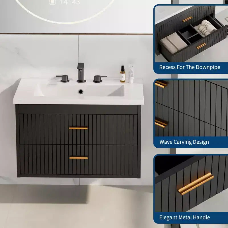 Mobile lavabo da bagno a parete bianco/nero con lavello – 2 cassetti, uso singolo, 24" / 30"