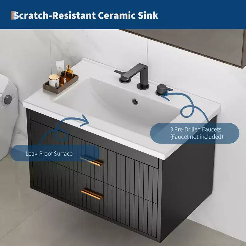 Mobile lavabo da bagno a parete bianco/nero con lavello – 2 cassetti, uso singolo, 24" / 30"