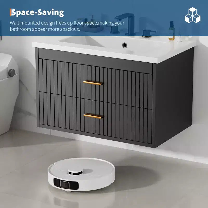 Mobile lavabo da bagno a parete bianco/nero con lavello – 2 cassetti, uso singolo, 24" / 30"