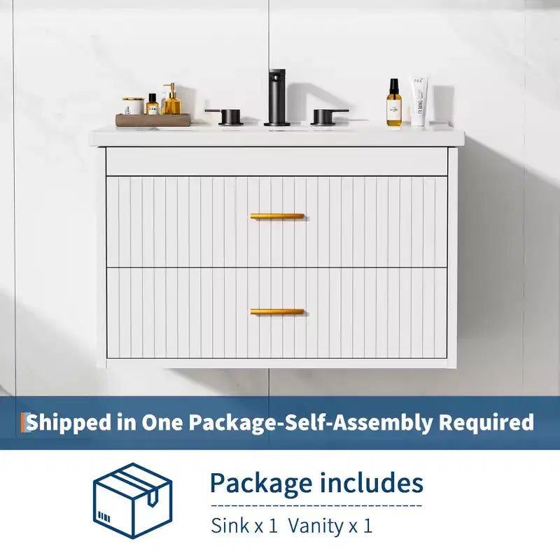 Mobile lavabo da bagno a parete bianco/nero con lavello – 2 cassetti, uso singolo, 24" / 30"