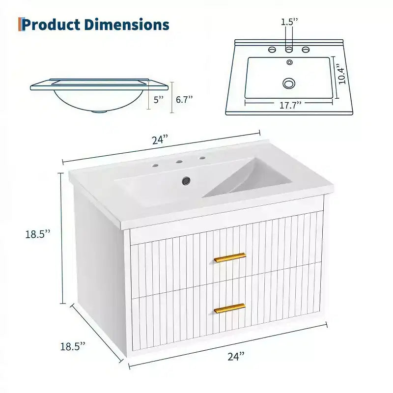 Mobile lavabo da bagno a parete bianco/nero con lavello – 2 cassetti, uso singolo, 24" / 30"