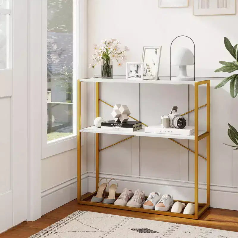 Tavolo consolle a 2 ripiani da 91 cm, Marrone/Bianco, Struttura in metallo, Stile industriale