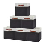 13x13 Storage Cube Bins Set of 6, Foldable Linen Fabric Baskets with Leather Handles, Collapsible Shelf Organizer for Closet Cubby Shelves