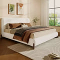 Queen Size Upholstered Bed with Terry Fabric, Solid Wood Legs and Padded Frame, White
