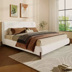 Queen Size Upholstered Bed with Terry Fabric, Solid Wood Legs and Padded Frame, White