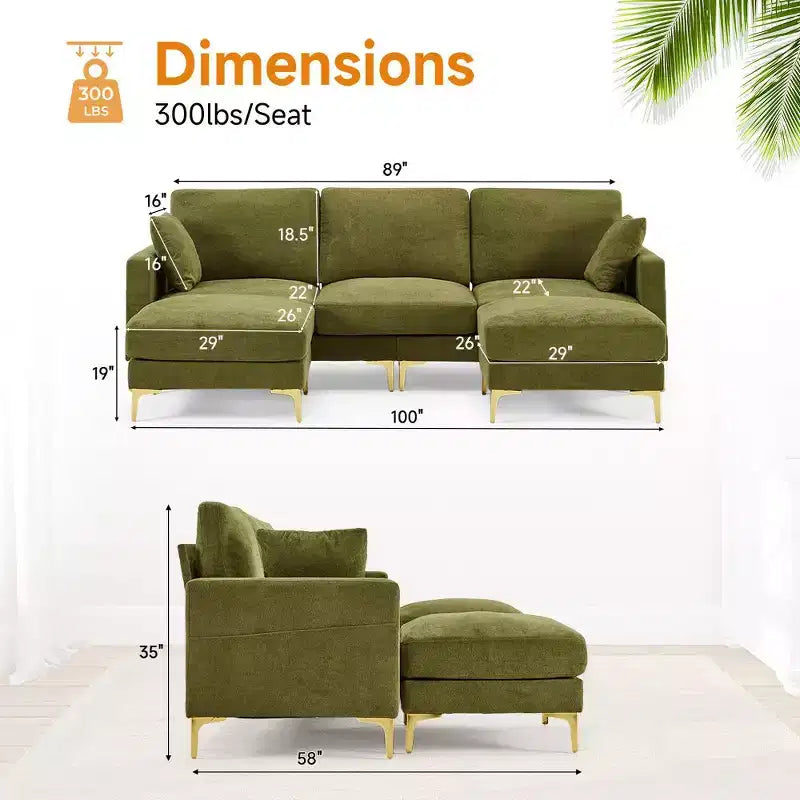 Divano a U in ciniglia grigio scuro/verde/kaki, 3 posti, con contenitore laterale