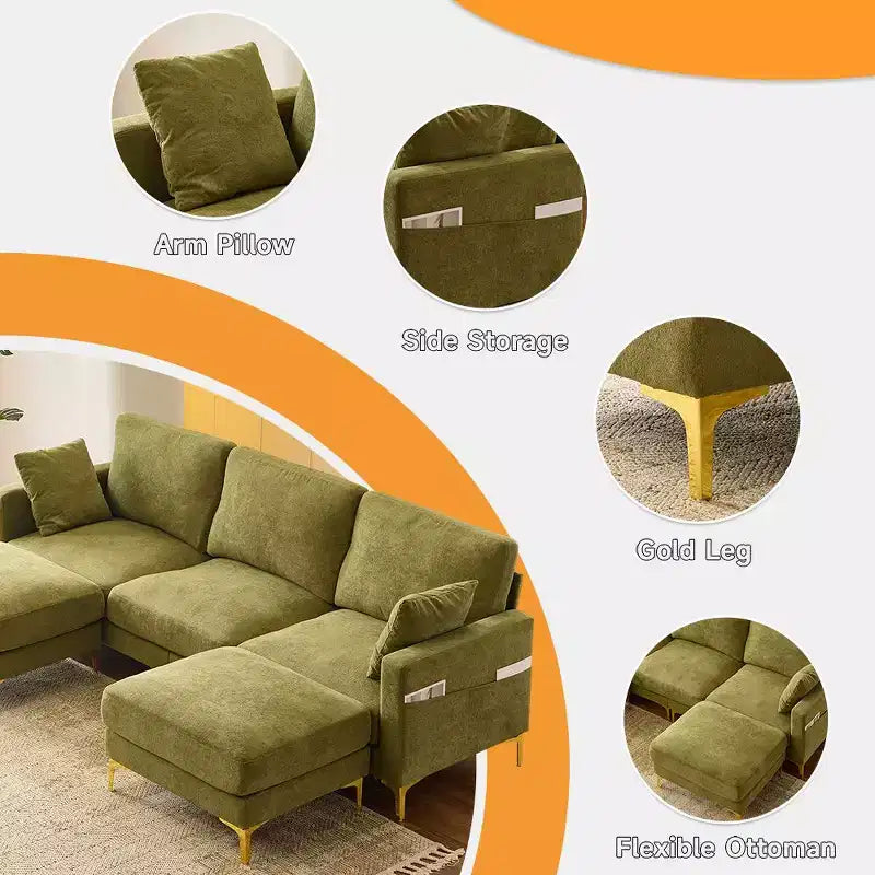 Divano a U in ciniglia grigio scuro/verde/kaki, 3 posti, con contenitore laterale