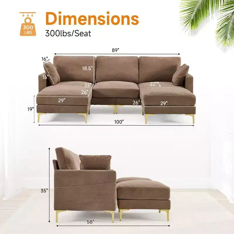 Divano a U in ciniglia grigio scuro/verde/kaki, 3 posti, con contenitore laterale