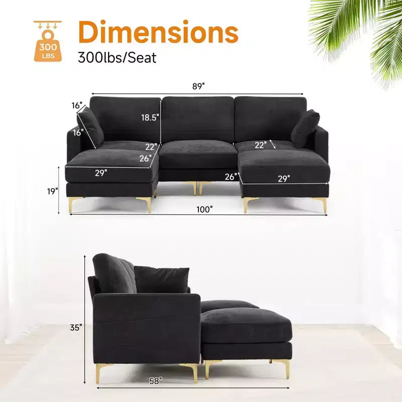 Divano a U in ciniglia grigio scuro/verde/kaki, 3 posti, con contenitore laterale