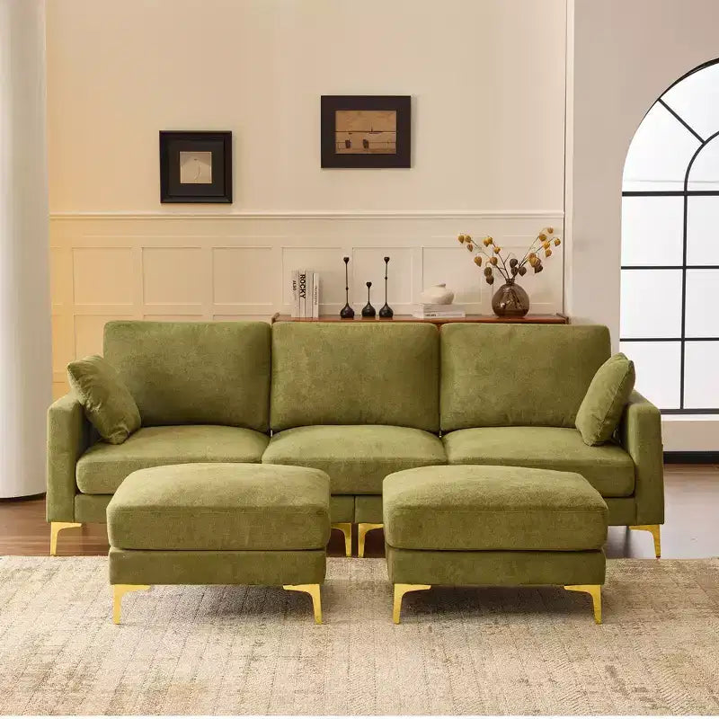 Divano a U in ciniglia grigio scuro/verde/kaki, 3 posti, con contenitore laterale