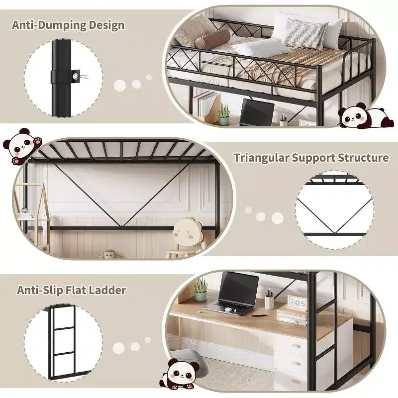 Letto a soppalco singolo – Nero / Grigio / Bianco, Struttura in metallo, Sponda protettiva ad arco, 1 persona