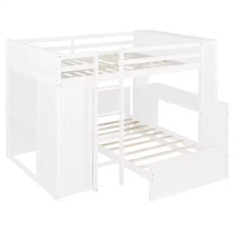 Letto a Castello a L a una Piazza e Mezza / a una Piazza, con Scrivania, Armadio e Mensole, per 2 Persone, Espresso / Grigio / Bianco