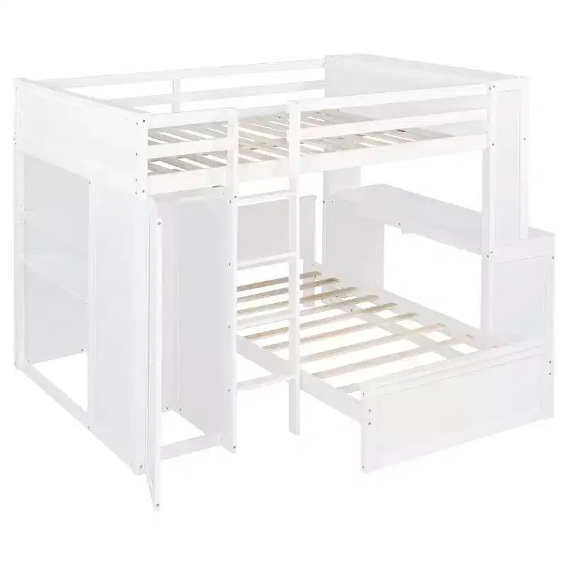 Letto a Castello a L a una Piazza e Mezza / a una Piazza, con Scrivania, Armadio e Mensole, per 2 Persone, Espresso / Grigio / Bianco