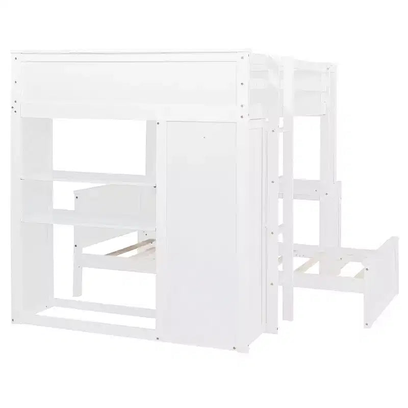Letto a Castello a L a una Piazza e Mezza / a una Piazza, con Scrivania, Armadio e Mensole, per 2 Persone, Espresso / Grigio / Bianco