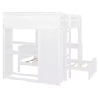 Letto a Castello a L a una Piazza e Mezza / a una Piazza, con Scrivania, Armadio e Mensole, per 2 Persone, Espresso / Grigio / Bianco