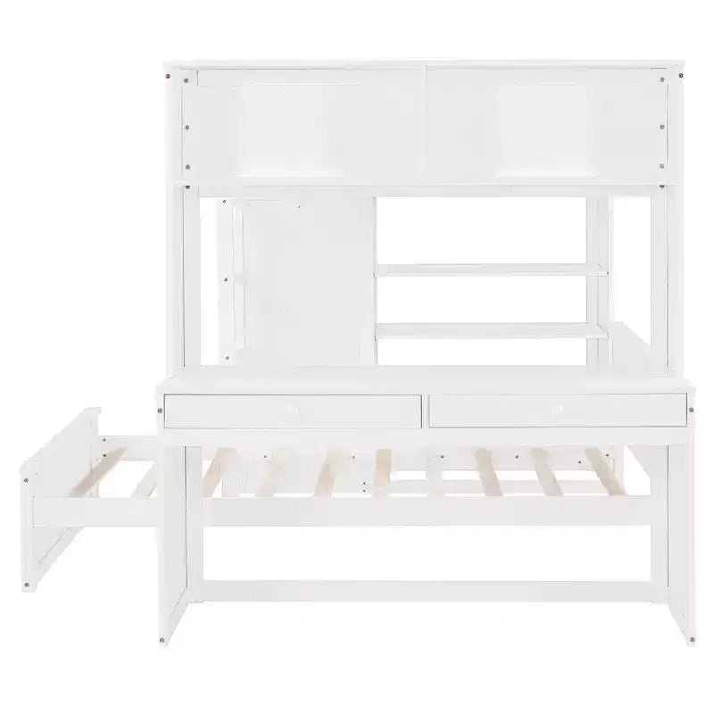 Letto a Castello a L a una Piazza e Mezza / a una Piazza, con Scrivania, Armadio e Mensole, per 2 Persone, Espresso / Grigio / Bianco