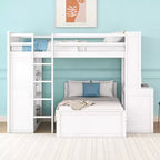 Letto a Castello a L a una Piazza e Mezza / a una Piazza, con Scrivania, Armadio e Mensole, per 2 Persone, Espresso / Grigio / Bianco