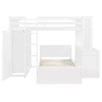 Letto a Castello a L a una Piazza e Mezza / a una Piazza, con Scrivania, Armadio e Mensole, per 2 Persone, Espresso / Grigio / Bianco
