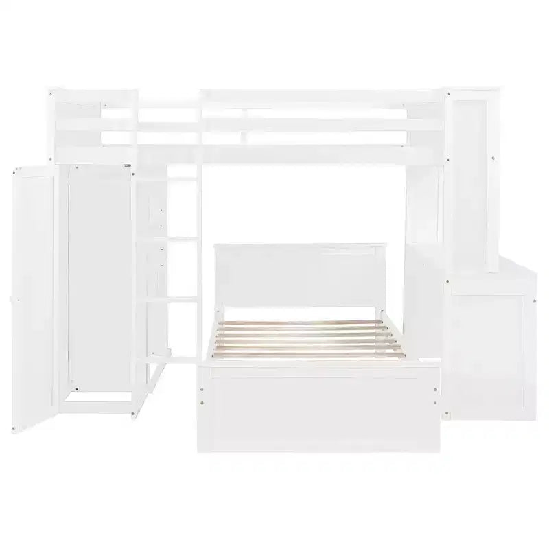 Letto a Castello a L a una Piazza e Mezza / a una Piazza, con Scrivania, Armadio e Mensole, per 2 Persone, Espresso / Grigio / Bianco