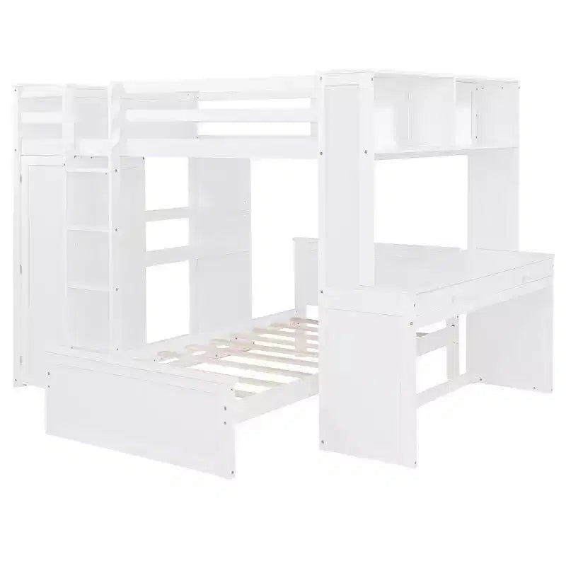 Letto a Castello a L a una Piazza e Mezza / a una Piazza, con Scrivania, Armadio e Mensole, per 2 Persone, Espresso / Grigio / Bianco