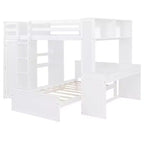 Letto a Castello a L a una Piazza e Mezza / a una Piazza, con Scrivania, Armadio e Mensole, per 2 Persone, Espresso / Grigio / Bianco