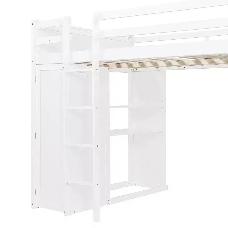 Letto a Castello a L a una Piazza e Mezza / a una Piazza, con Scrivania, Armadio e Mensole, per 2 Persone, Espresso / Grigio / Bianco