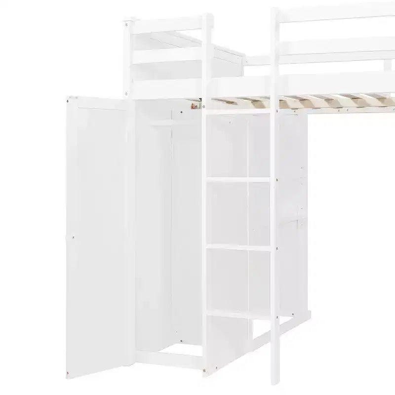 Letto a Castello a L a una Piazza e Mezza / a una Piazza, con Scrivania, Armadio e Mensole, per 2 Persone, Espresso / Grigio / Bianco
