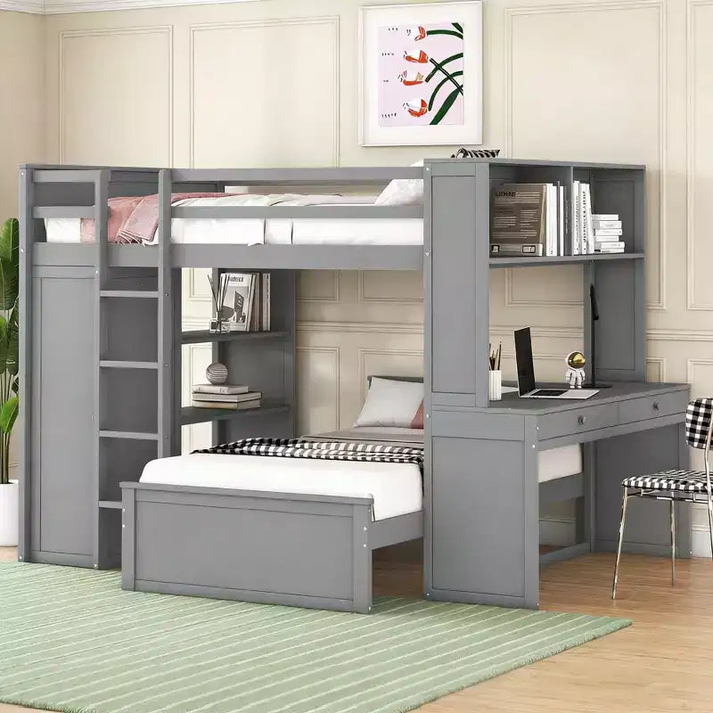 Letto a Castello a L a una Piazza e Mezza / a una Piazza, con Scrivania, Armadio e Mensole, per 2 Persone, Espresso / Grigio / Bianco